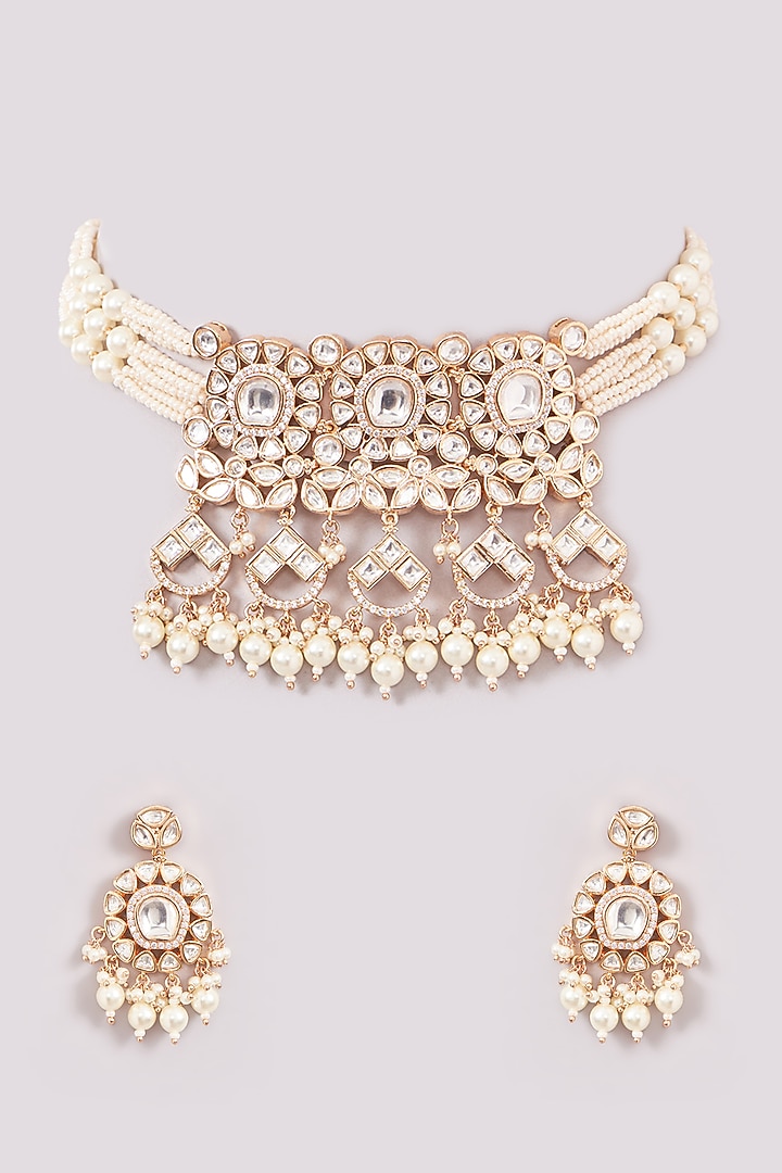 Gold Plated Kundan Polki & Pearl Choker Necklace Set by Zevar by Geeta at Pernia's Pop Up Shop