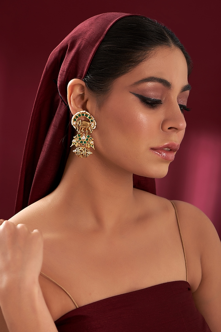 Gold Finish Kundan Polki & Beaded Dangler Earrings by Zevar by Geeta at Pernia's Pop Up Shop