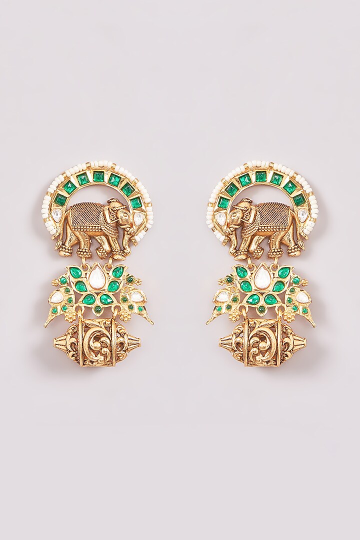 Gold Finish Kundan Polki & Beaded Dangler Earrings by Zevar by Geeta at Pernia's Pop Up Shop