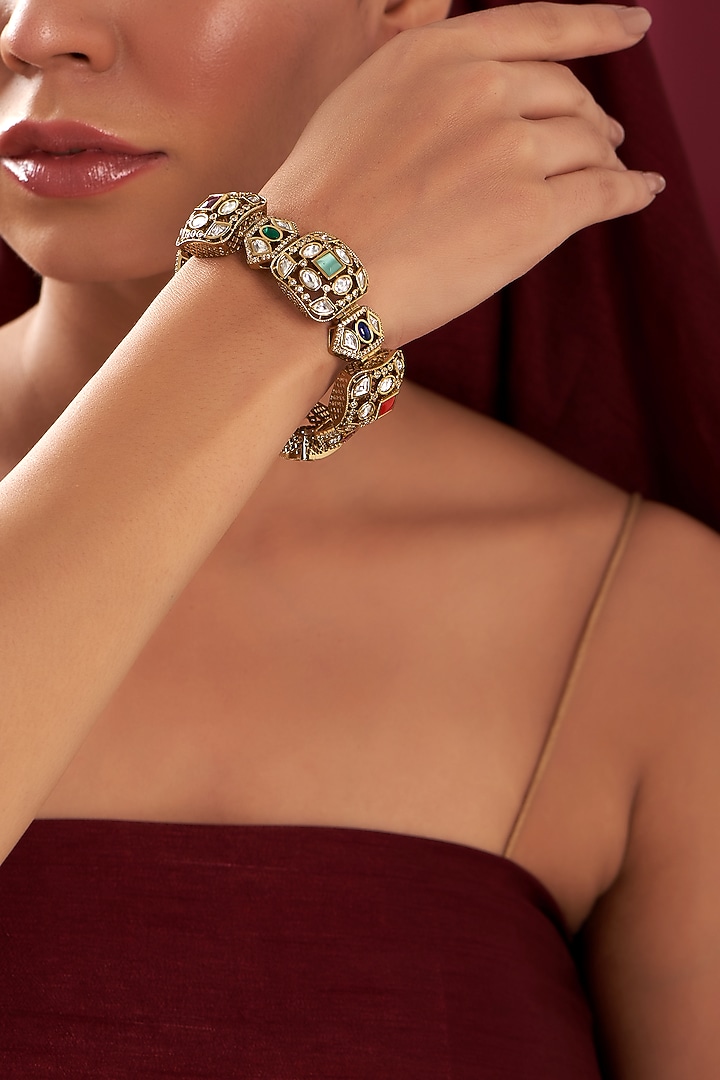 Gold Finish Kundan Polki & Multi-Colored Stone Bracelet by Zevar by Geeta at Pernia's Pop Up Shop