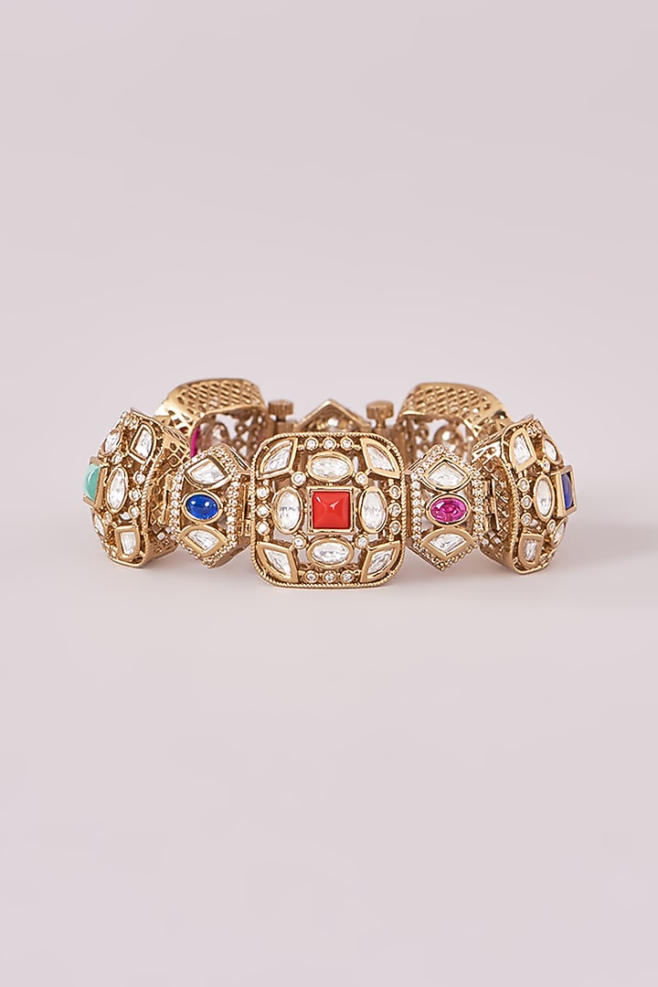 Gold Finish Kundan Polki & Multi-Colored Stone Bracelet by Zevar by Geeta at Pernia's Pop Up Shop