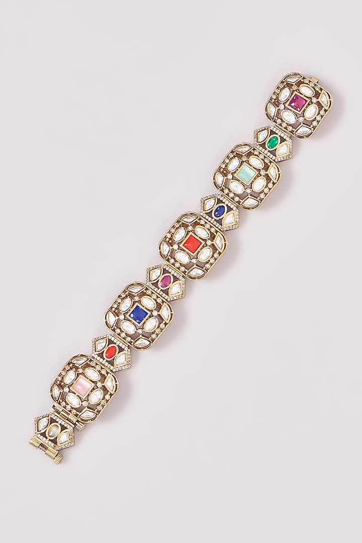 Gold Finish Kundan Polki & Multi-Colored Stone Bracelet by Zevar by Geeta at Pernia's Pop Up Shop