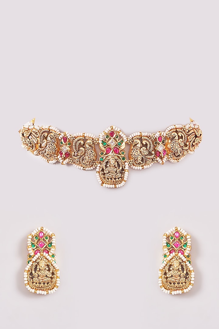 Gold Finish Kundan Polki & Green Stone Necklace Set by Zevar by Geeta at Pernia's Pop Up Shop