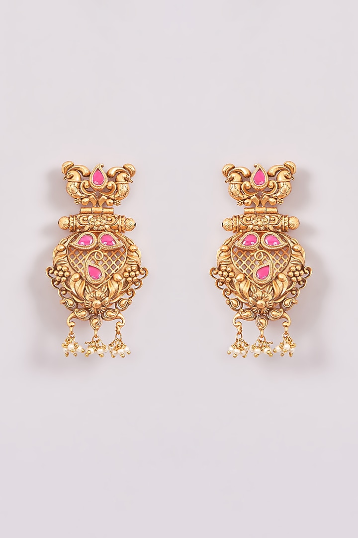 Gold Finish Pink & Green Stone Dangler Earrings by Zevar by Geeta at Pernia's Pop Up Shop
