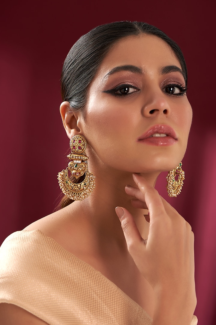 Gold Finish Pink & Green Stone Chandbali Earrings by Zevar by Geeta