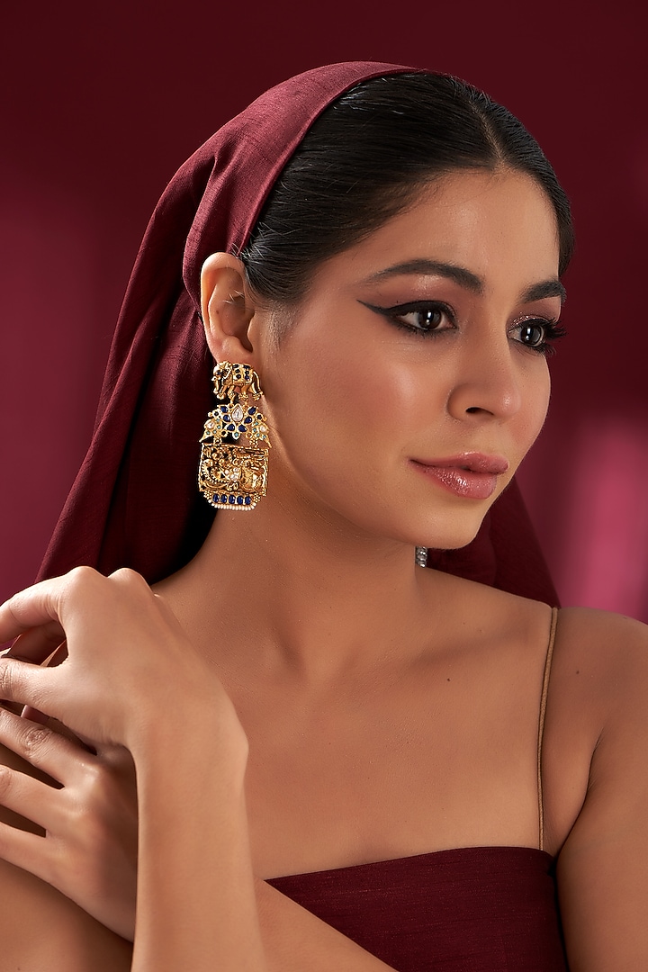 Gold Finish Kundan Polki & Blue Stone Dangler Earrings by Zevar by Geeta at Pernia's Pop Up Shop
