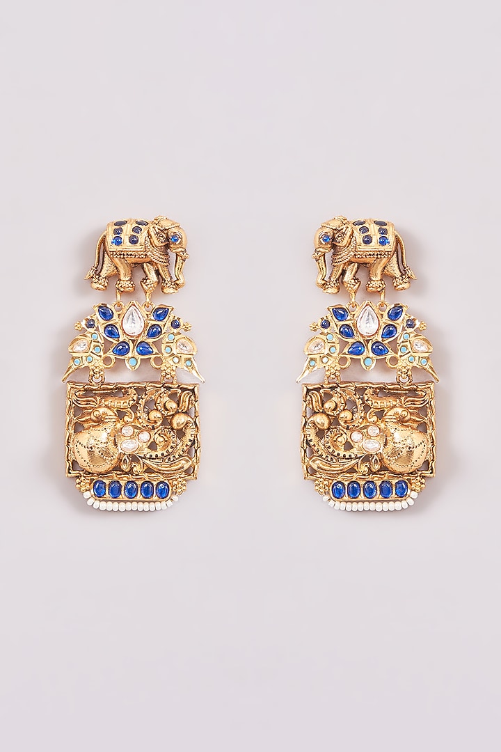 Gold Finish Kundan Polki & Blue Stone Dangler Earrings by Zevar by Geeta at Pernia's Pop Up Shop