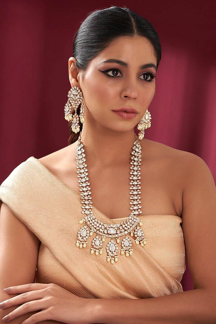 Gold Plated Kundan Polki & Pearl Hanging Long Necklace Set by Zevar by Geeta at Pernia's Pop Up Shop