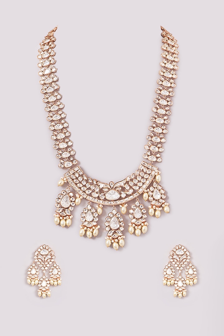 Gold Plated Kundan Polki & Pearl Hanging Long Necklace Set by Zevar by Geeta at Pernia's Pop Up Shop