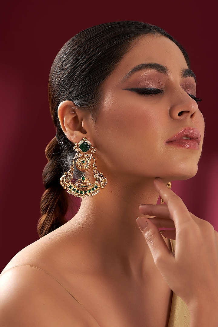 Gold Finish Pink & Green Stone Chandbali Earrings by Zevar by Geeta