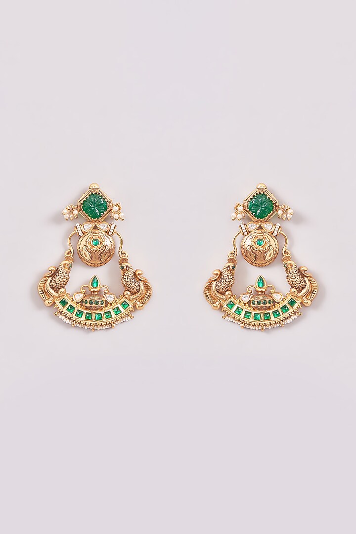 Gold Finish Pink & Green Stone Chandbali Earrings by Zevar by Geeta at Pernia's Pop Up Shop