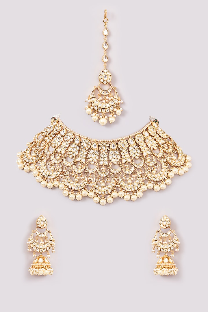 Kreart - Gold Finish Kundan Polki & Pearl String Long Designer Necklace Set for Women at Pernia's Pop-Up Shop