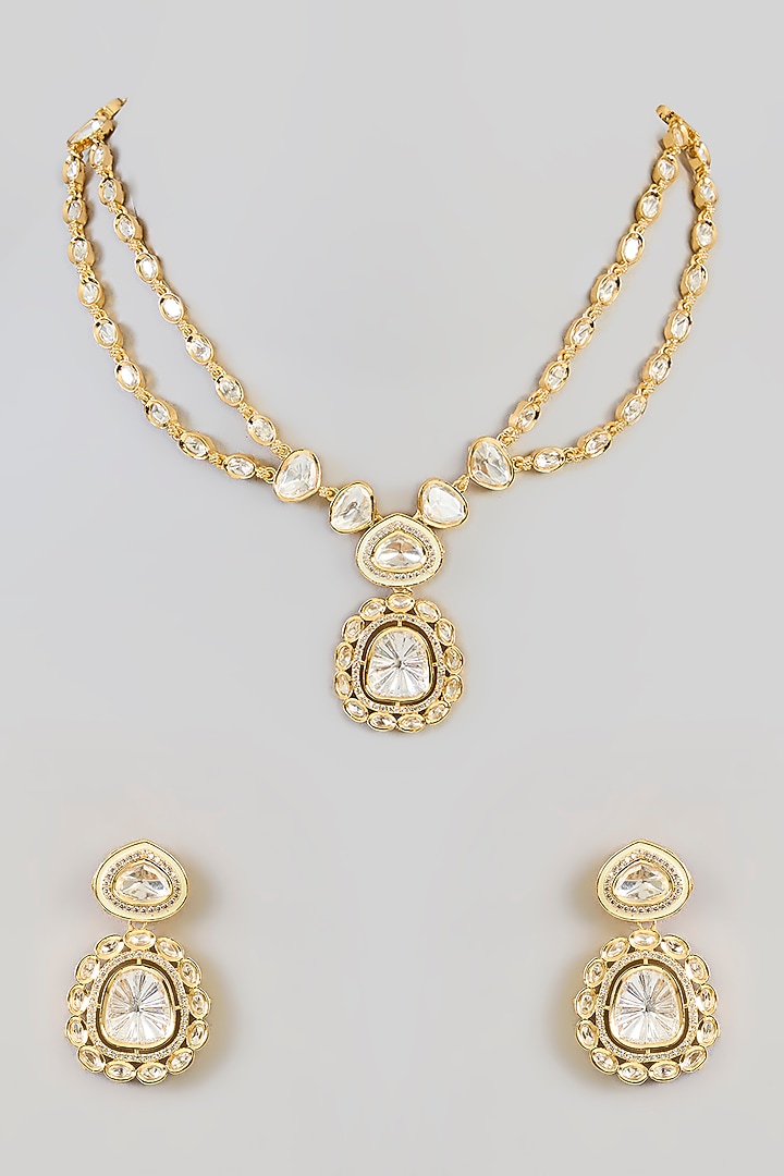 Gold Finish Kundan Polki Pendant Necklace Set by Zevar by Geeta at Pernia's Pop Up Shop