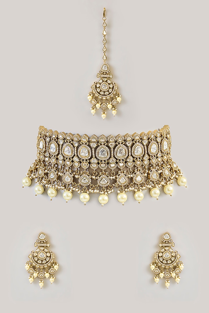 Two-Tone Finish Kundan Polki Choker Necklace Set by Zevar by Geeta at Pernia's Pop Up Shop