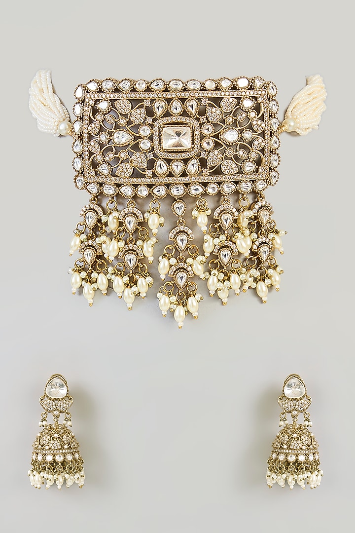 Two-Tone Finish Kundan Polki Long Necklace Set by Zevar by Geeta at Pernia's Pop Up Shop