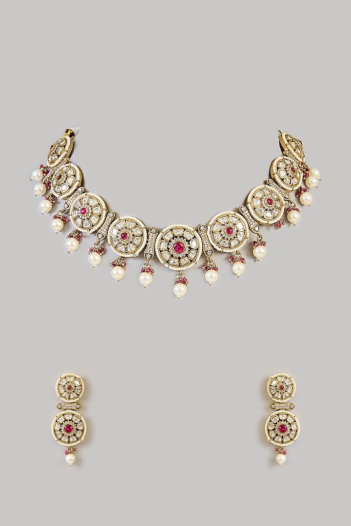 Two-Tone Finish Kundan Polki & Red Stone Necklace Set by Zevar by Geeta at Pernia's Pop Up Shop