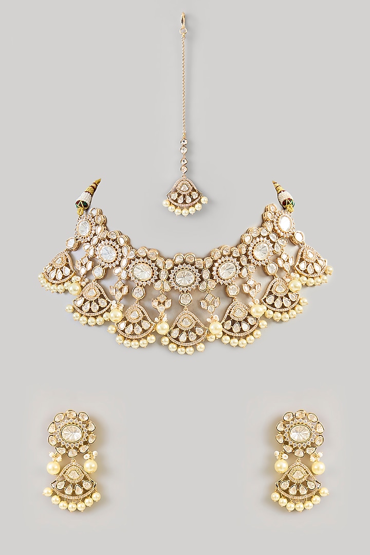 Two-Tone Finish Kundan Polki Choker Necklace Set by Zevar by Geeta at Pernia's Pop Up Shop