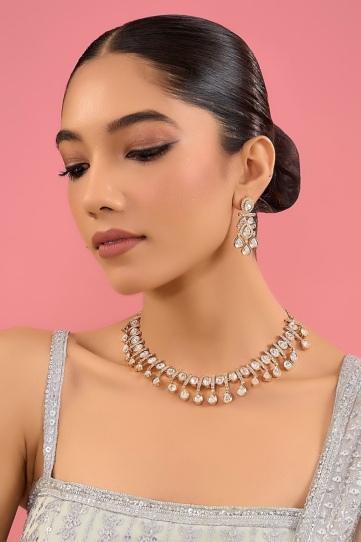 Gold Finish Kundan Polki Necklace Set by Zevar by Geeta at Pernia's Pop Up Shop