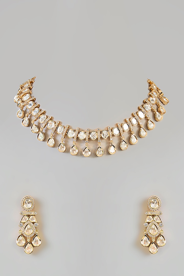 Gold Finish Kundan Polki Necklace Set by Zevar by Geeta at Pernia's Pop Up Shop