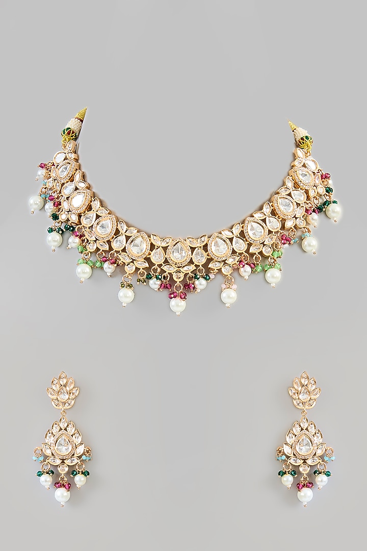 Gold Finish Kundan Polki & Multi-Colored Stone Choker Necklace Set by Zevar by Geeta at Pernia's Pop Up Shop