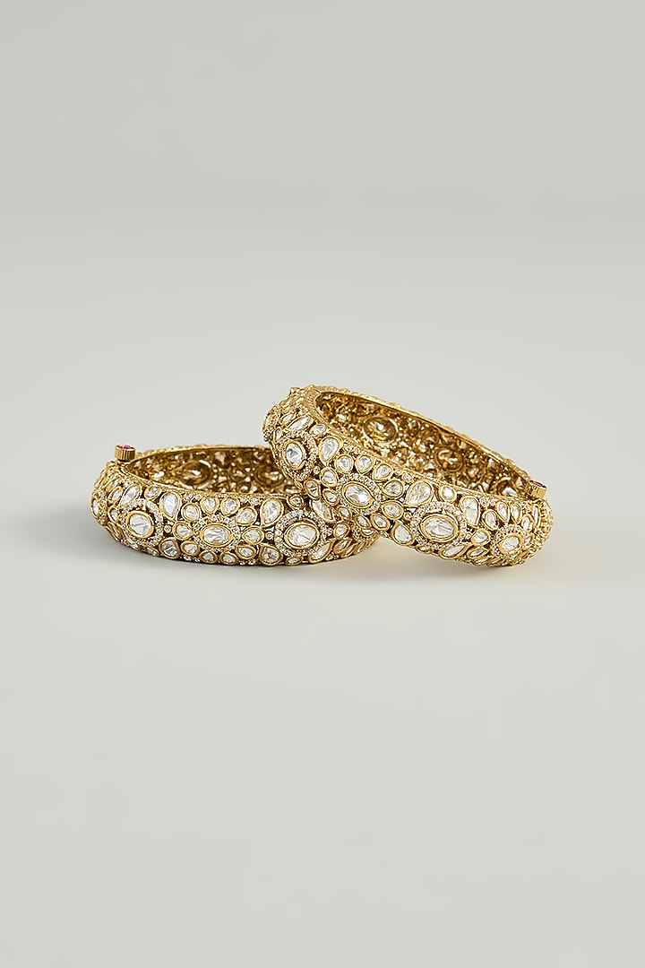 Antique Gold Finish Kundan Polki Openable Kada (Set Of 2) by Zevar by Geeta at Pernia's Pop Up Shop