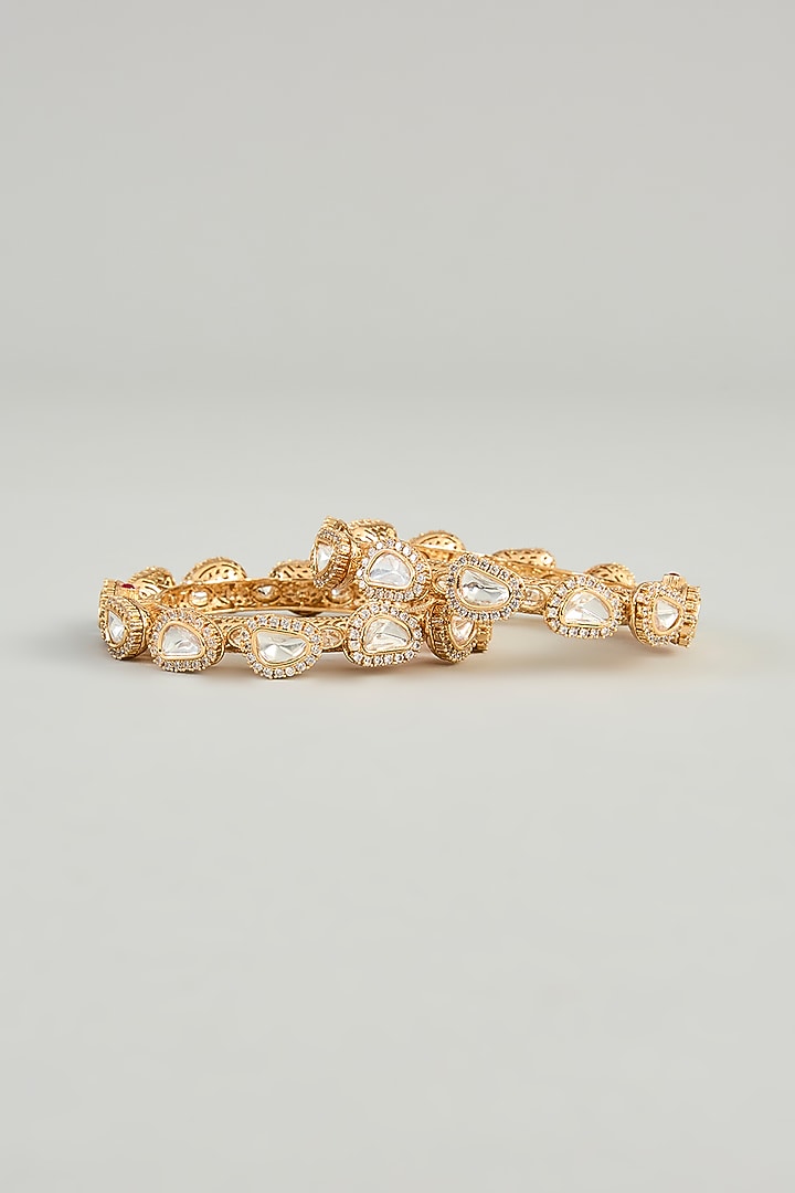Gold Finish Moissanite Polki Openable Kada (Set Of 2) by Zevar by Geeta at Pernia's Pop Up Shop