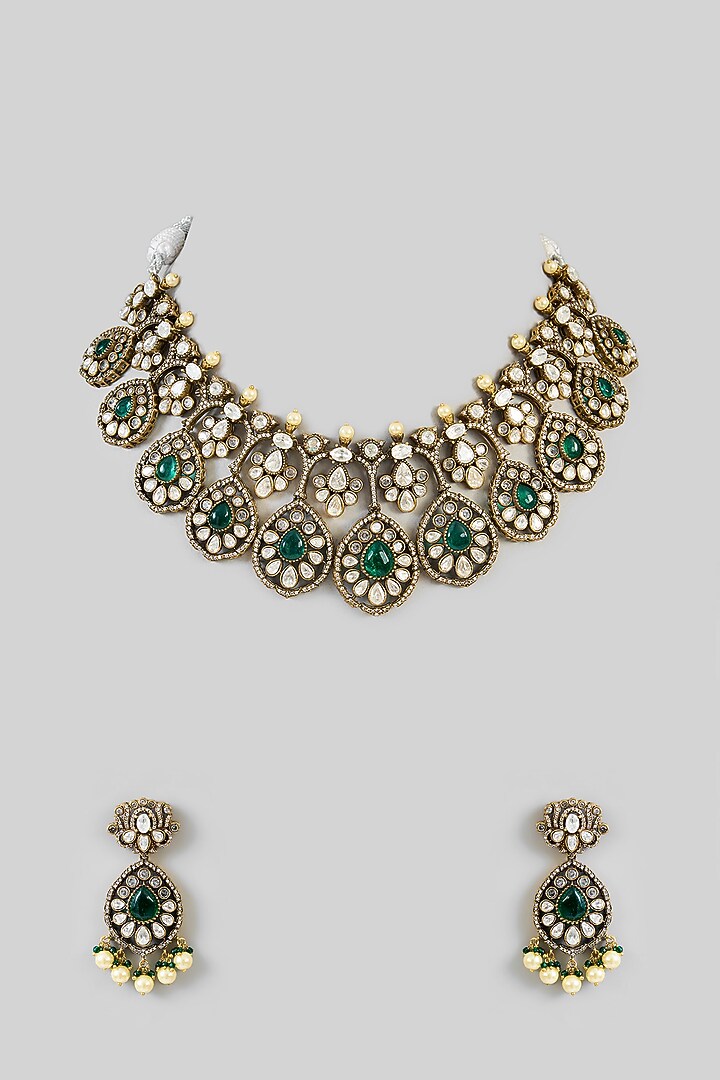Two-Tone Finish Kundan Polki & Green Stone Necklace Set by Zevar by Geeta at Pernia's Pop Up Shop