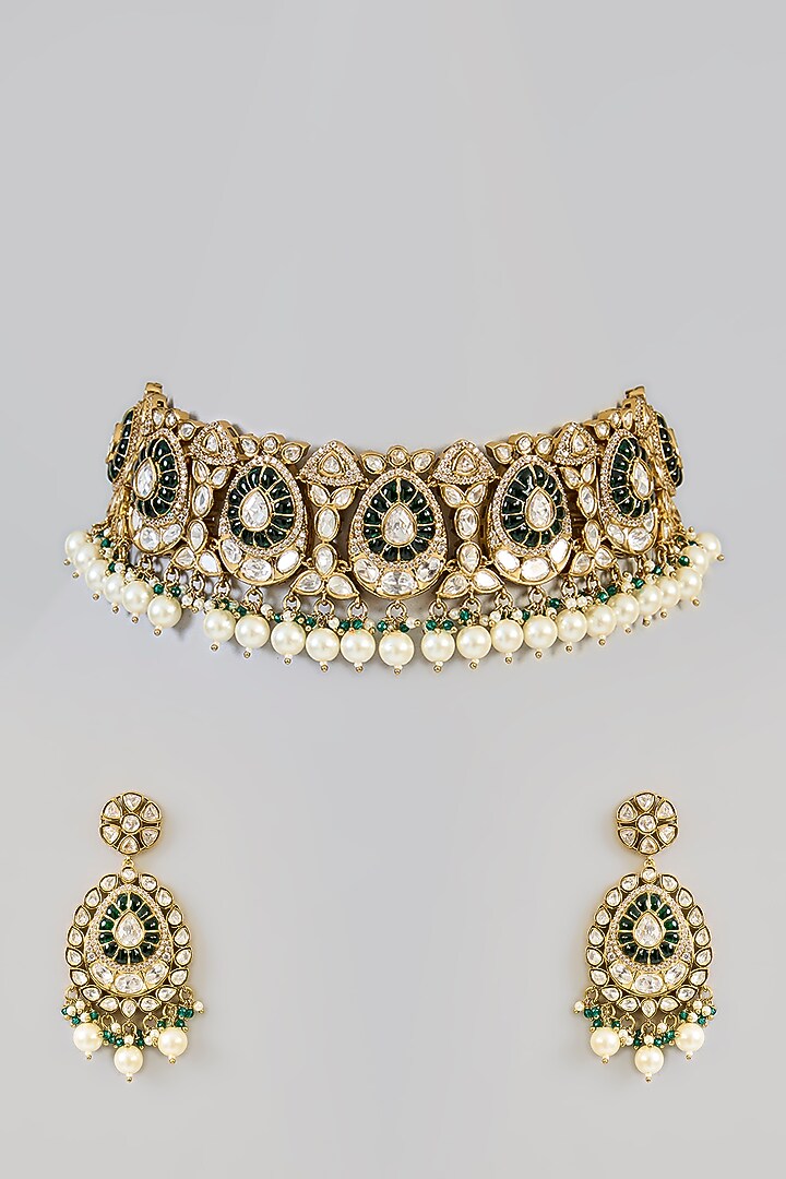Two-Tone Finish Green Kundan Polki Choker Necklace Set by Zevar by Geeta at Pernia's Pop Up Shop
