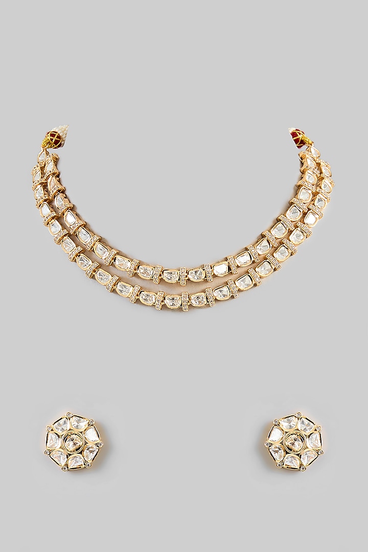 Gold Finish Kundan Polki Layered Necklace Set by Zevar by Geeta at Pernia's Pop Up Shop