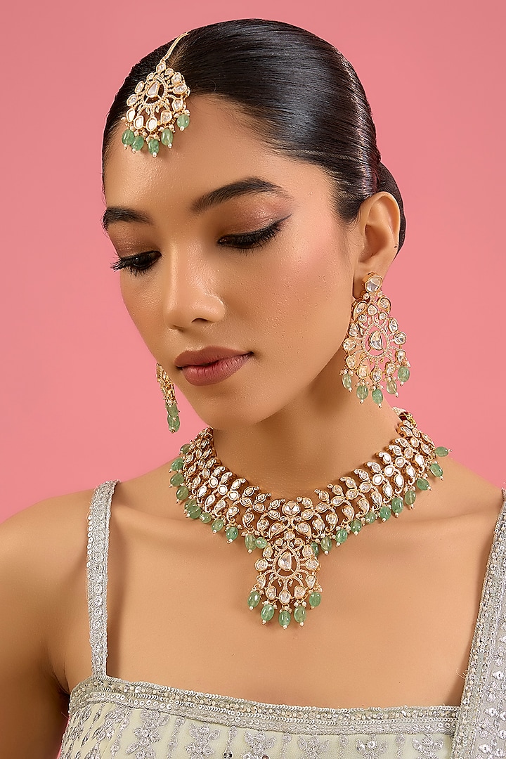 Gold Finish Kundan Polki & Green Drop Necklace Set by Zevar by Geeta