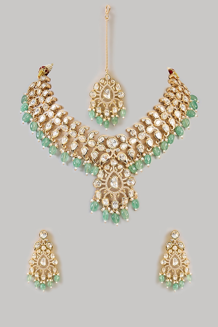Gold Finish Kundan Polki & Green Drop Necklace Set by Zevar by Geeta at Pernia's Pop Up Shop