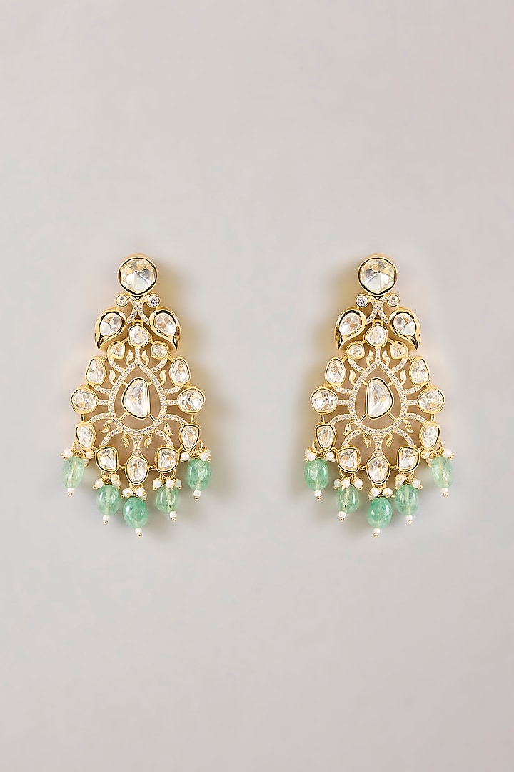 Gold Finish Kundan Polki & Green Drop Necklace Set by Zevar by Geeta at Pernia's Pop Up Shop