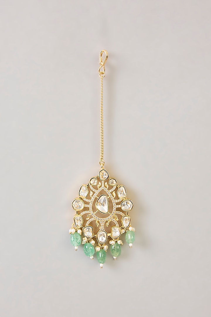 Gold Finish Kundan Polki & Green Drop Necklace Set by Zevar by Geeta at Pernia's Pop Up Shop