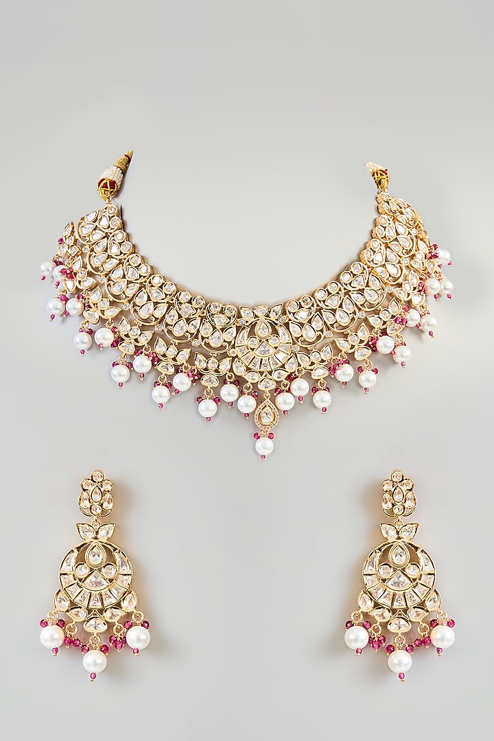 Gold Finish Kundan Polki & Pearl Drop Necklace Set by Zevar by Geeta at Pernia's Pop Up Shop