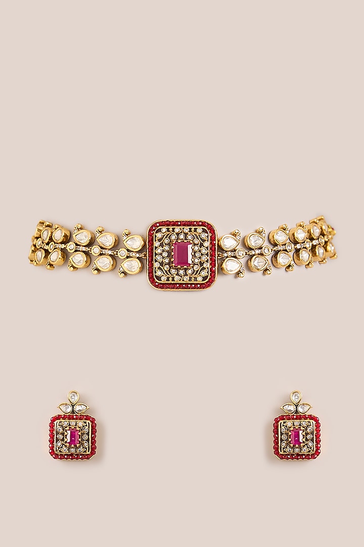 Two-Tone Finish Kundan Polki & Red Stone Choker Necklace Set by Zevar By Geeta at Pernia's Pop Up Shop