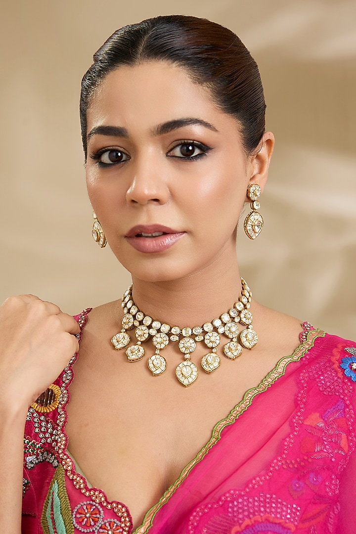 Gold Finish Paisley Kundan Polki Necklace Set by Zevar By Geeta at Pernia's Pop Up Shop