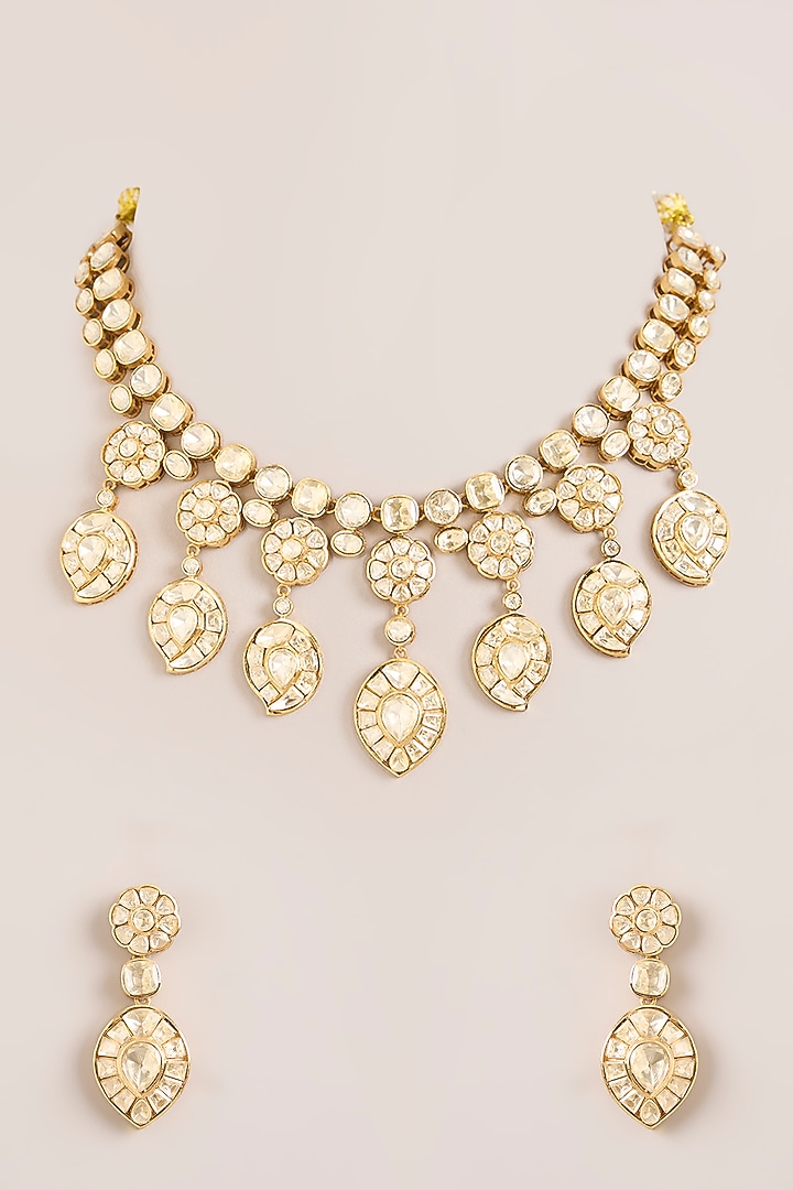 Gold Finish Paisley Kundan Polki Necklace Set by Zevar By Geeta at Pernia's Pop Up Shop