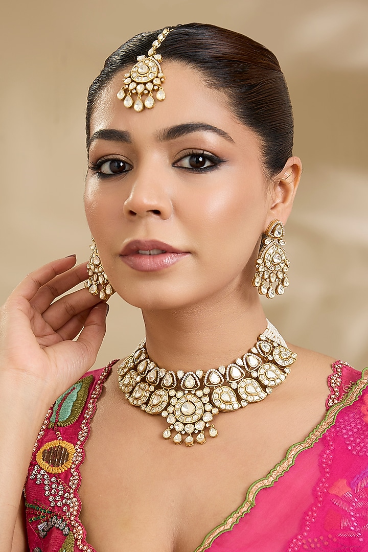 Gold Finish Paisley Kundan Polki Necklace Set by Zevar By Geeta at Pernia's Pop Up Shop