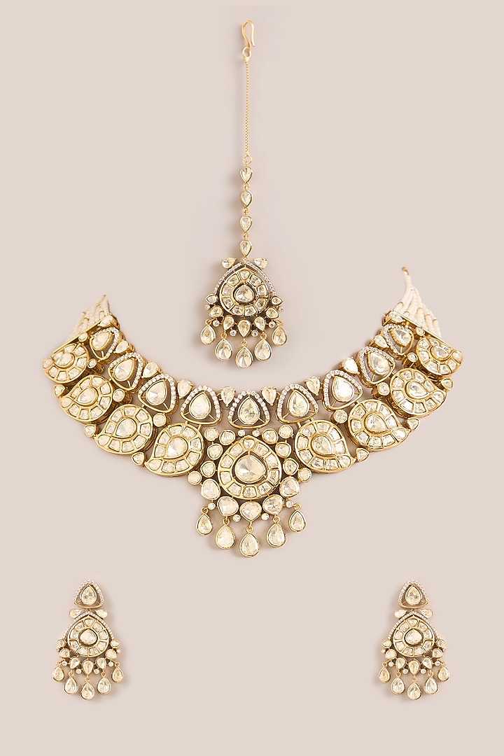 Gold Finish Paisley Kundan Polki Necklace Set by Zevar By Geeta at Pernia's Pop Up Shop