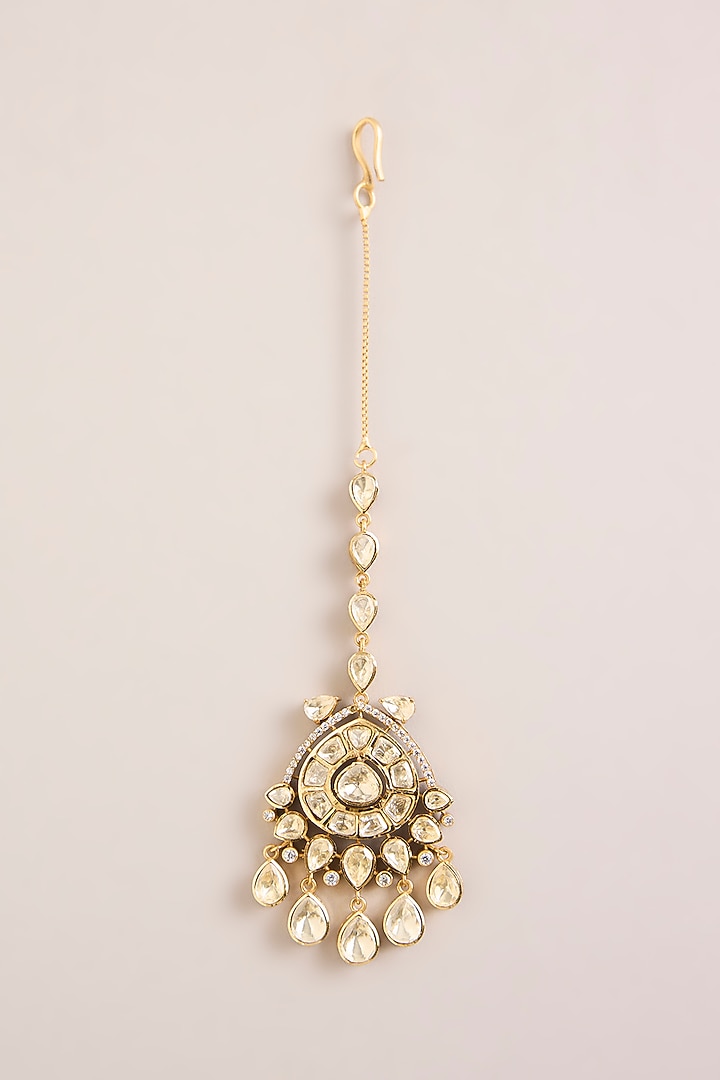 Gold Finish Paisley Kundan Polki Necklace Set by Zevar By Geeta at Pernia's Pop Up Shop