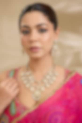 Gold Finish Paisley Kundan Polki Long Necklace Set by Zevar By Geeta at Pernia's Pop Up Shop
