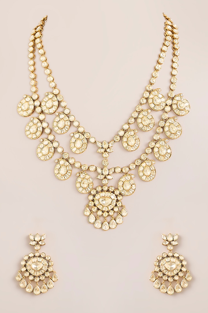 Gold Finish Paisley Kundan Polki Long Necklace Set by Zevar By Geeta at Pernia's Pop Up Shop