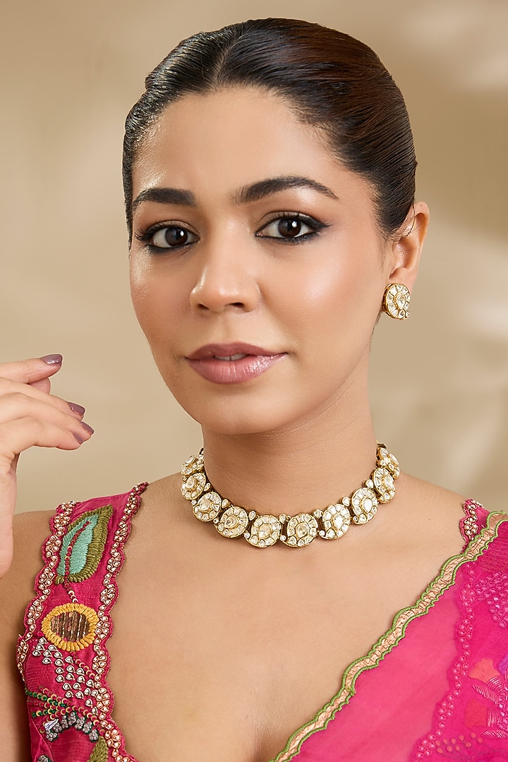 Gold Finish Paisley Kundan Polki Necklace Set by Zevar By Geeta at Pernia's Pop Up Shop