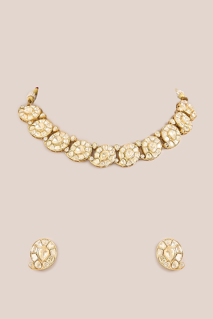 Gold Finish Paisley Kundan Polki Necklace Set by Zevar By Geeta at Pernia's Pop Up Shop