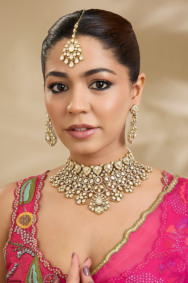 Gold Finish Kundan Polki Necklace Set by Zevar By Geeta at Pernia's Pop Up Shop