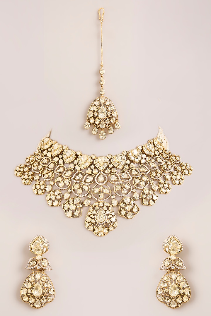 Gold Finish Kundan Polki Necklace Set by Zevar By Geeta at Pernia's Pop Up Shop