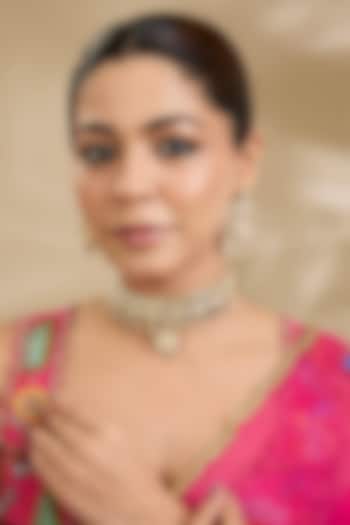 Gold Finish Kundan Polki & Pearl Handcrafted Choker Necklace Set by Zevar By Geeta at Pernia's Pop Up Shop