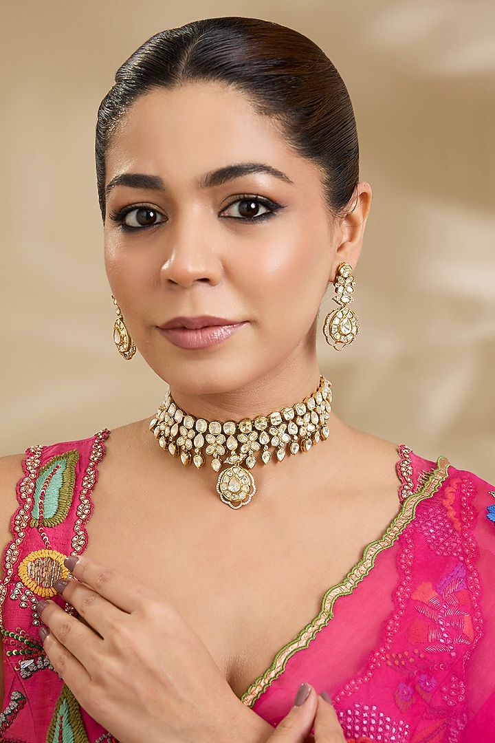 Gold Finish Kundan Polki & Pearl Handcrafted Choker Necklace Set by Zevar By Geeta at Pernia's Pop Up Shop