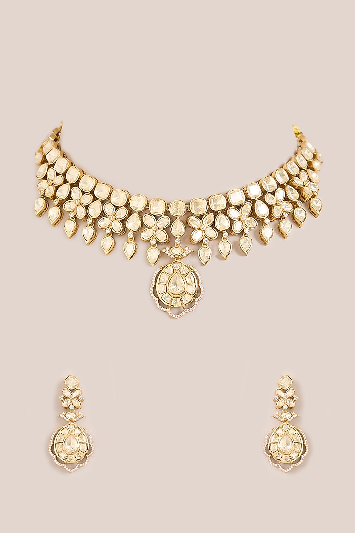 Gold Finish Kundan Polki & Pearl Handcrafted Choker Necklace Set by Zevar By Geeta at Pernia's Pop Up Shop