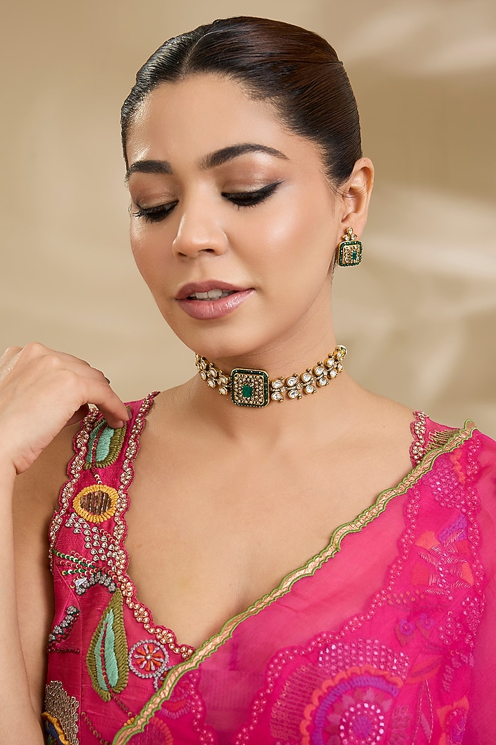 Two-Tone FInish Kundan Polki & Green Stone Choker Necklace Set by Zevar By Geeta at Pernia's Pop Up Shop